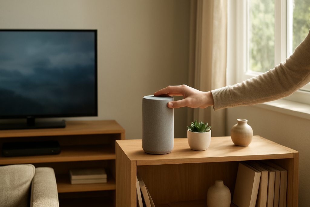 person adjusting smart speaker placement in a living room with TV on