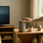 person adjusting smart speaker placement in a living room with TV on