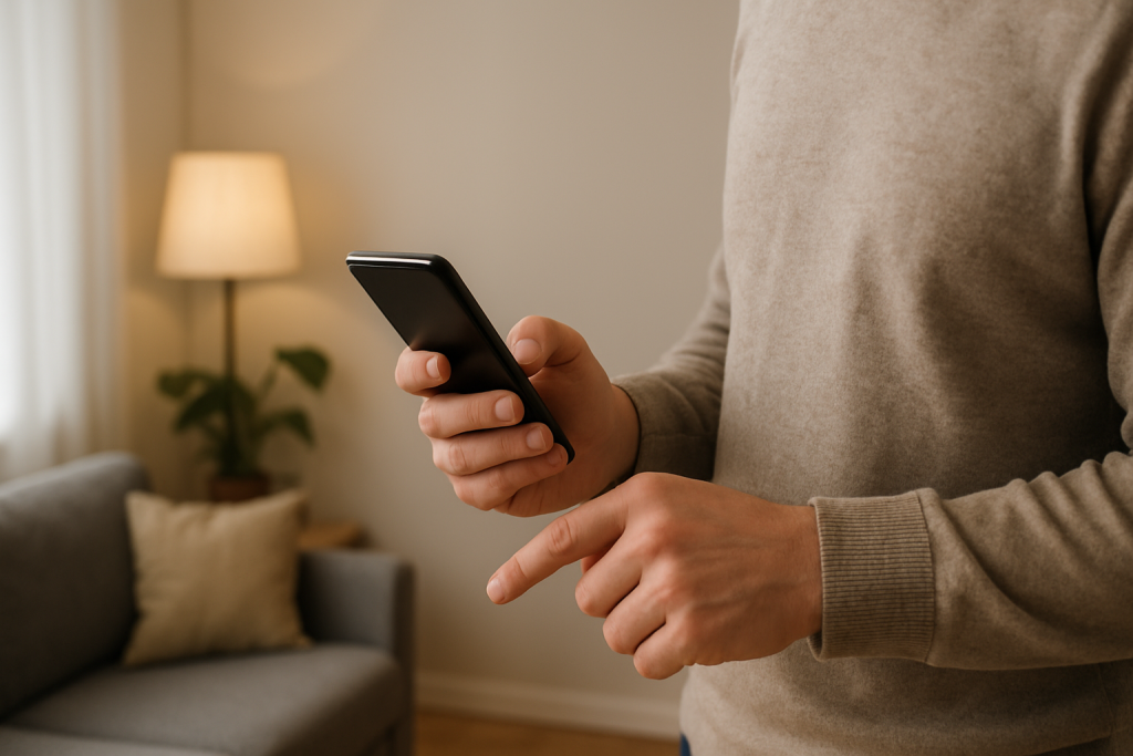 person checking smart light setup using phone and wall switch in home