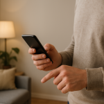 person checking smart light setup using phone and wall switch in home