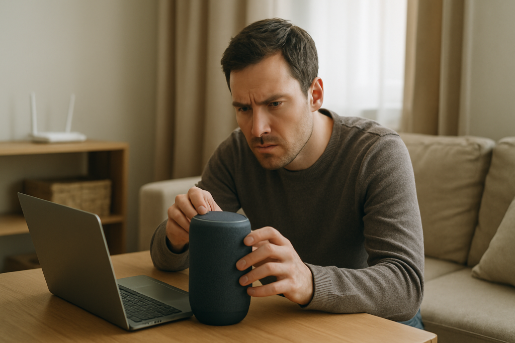 person checking smart speaker near home router and laptop on table