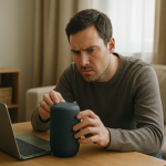 person checking smart speaker near home router and laptop on table