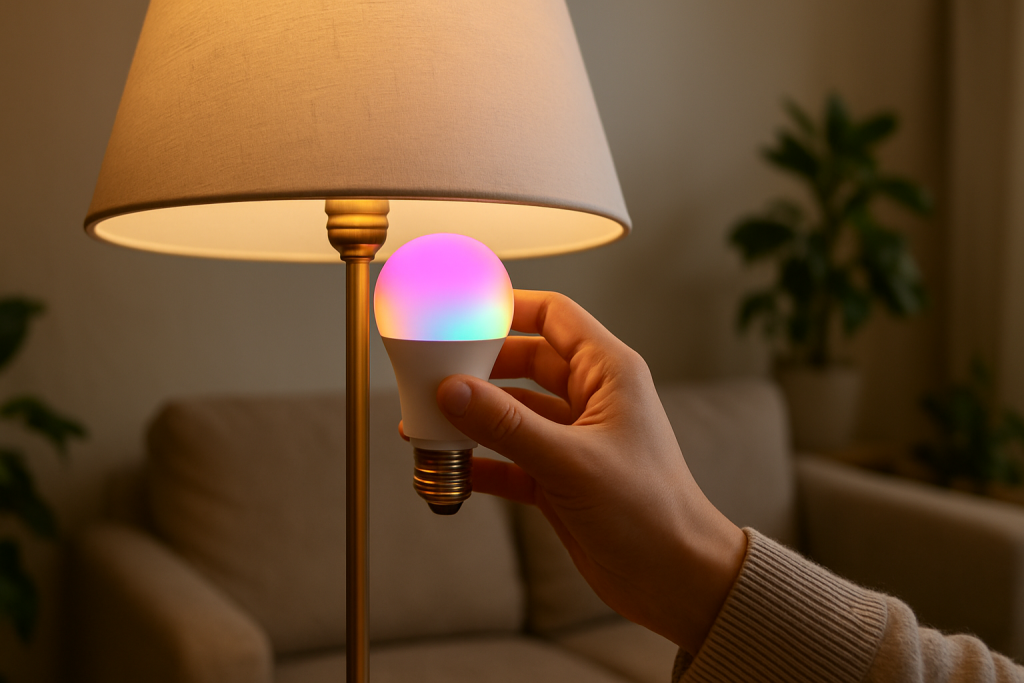 Close up of a person adjusting a multicolor smart bulb in a lamp