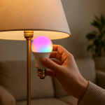 Close up of a person adjusting a multicolor smart bulb in a lamp