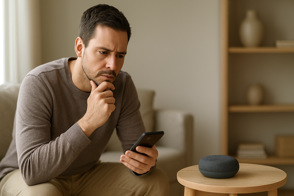 person speaking to smart speaker in living room checking connection