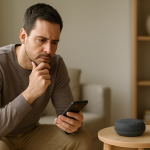 person speaking to smart speaker in living room checking connection