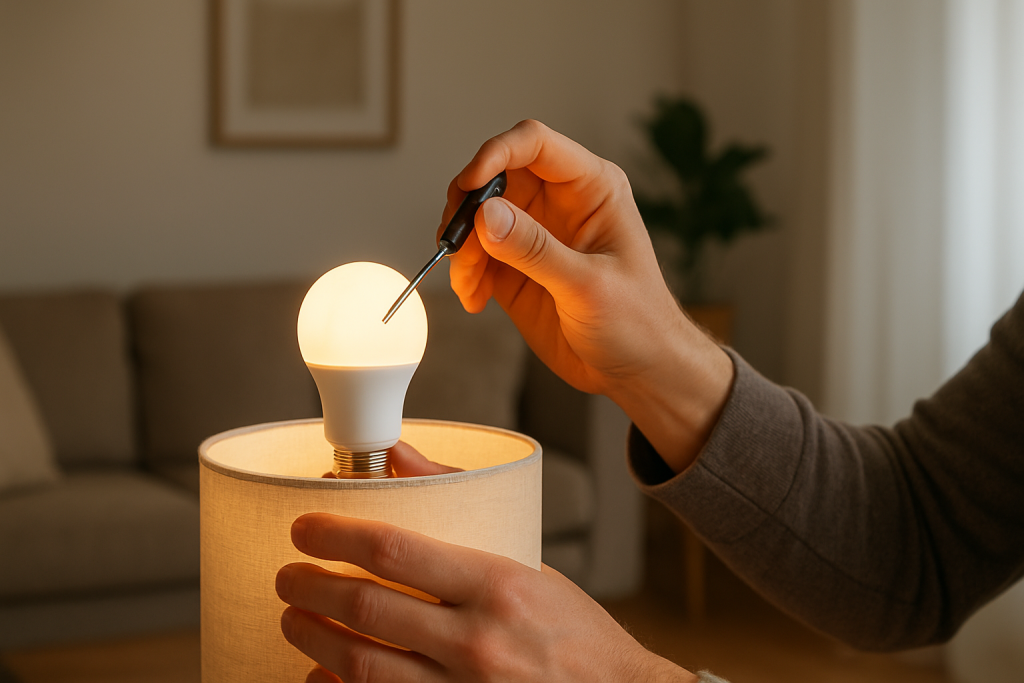 Person adjusting a smart bulb with a screwdriver near a lamp