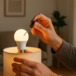 Person adjusting a smart bulb with a screwdriver near a lamp