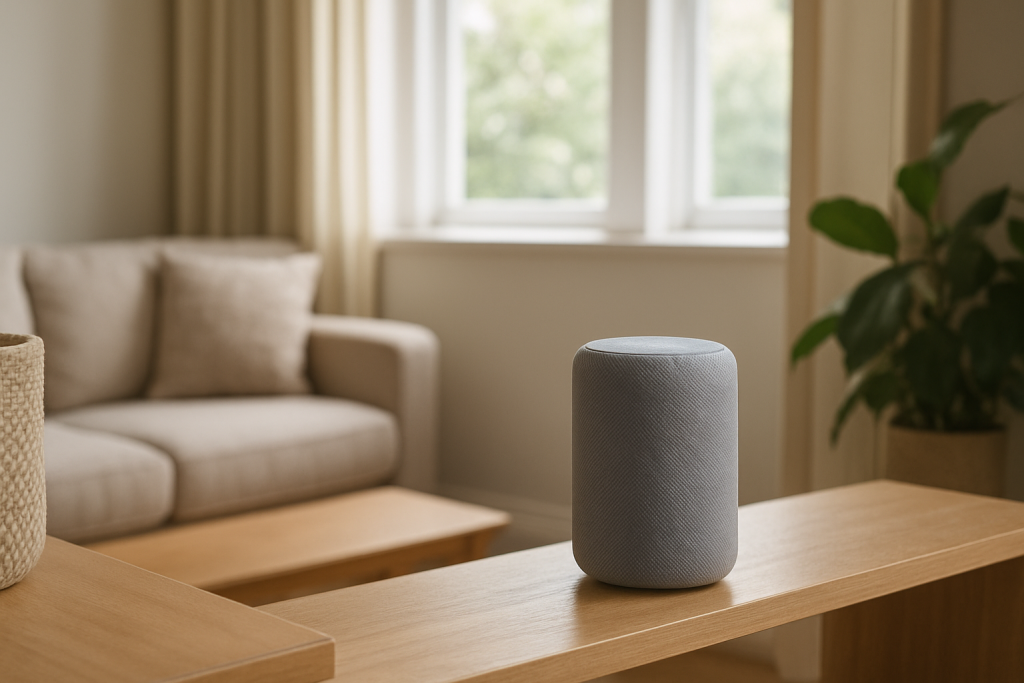 Smart speaker on shelf near room window showing typical home setup