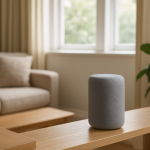 Smart speaker on shelf near room window showing typical home setup