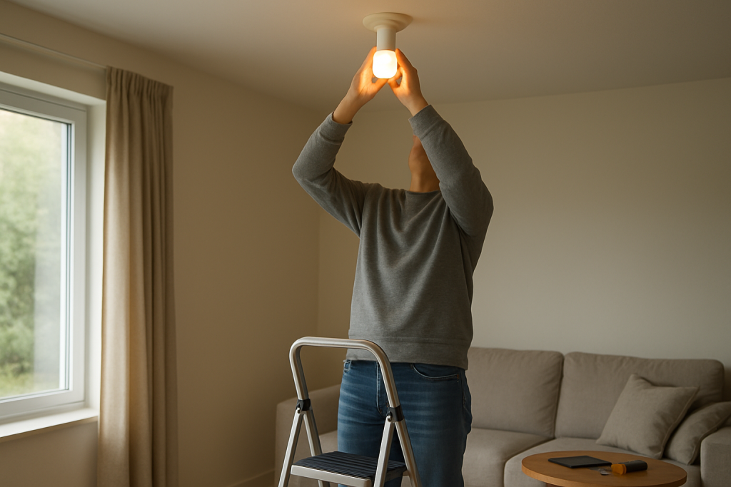 person adjusting ceiling smart bulb with ladder and tools nearby