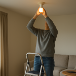 person adjusting ceiling smart bulb with ladder and tools nearby