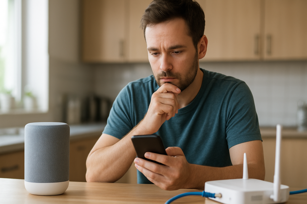 person troubleshooting smart speaker with phone and router nearby