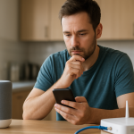 person troubleshooting smart speaker with phone and router nearby
