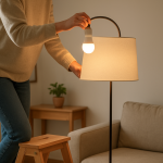 close up of a person adjusting a dimmable smart bulb in a living room fixture