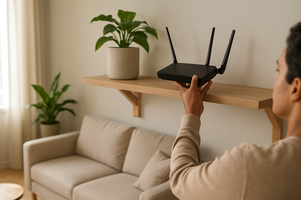Person moving router to a central high shelf in a living room