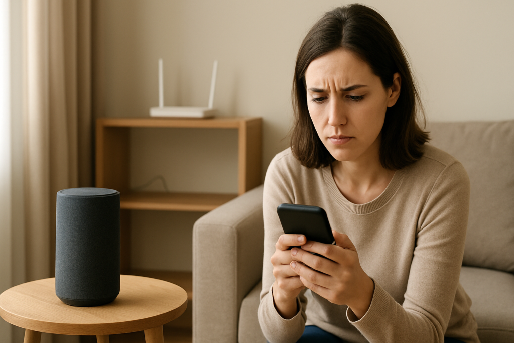 living room smart speaker disconnected troubleshooting scene with router nearby