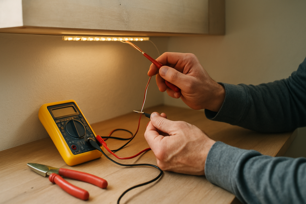 hands inspecting led light strip under kitchen cabinet with tools