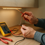 hands inspecting led light strip under kitchen cabinet with tools