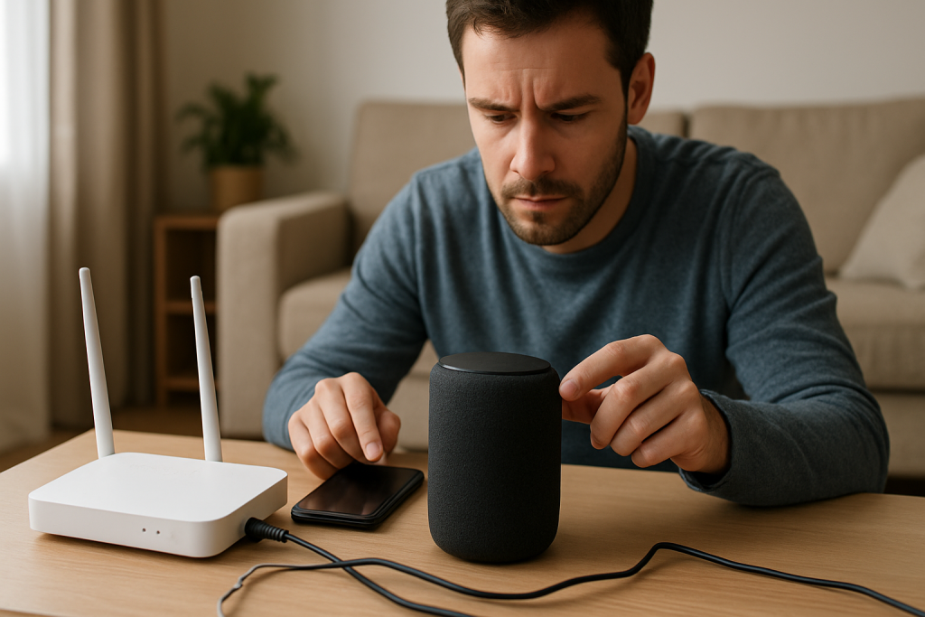 home network router mobile device smart speaker pairing troubleshooting scene