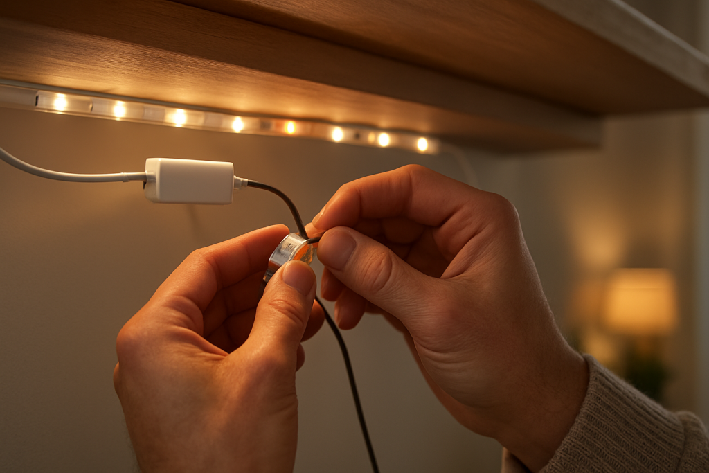 close up smart light strip showing mixed colors and wiring