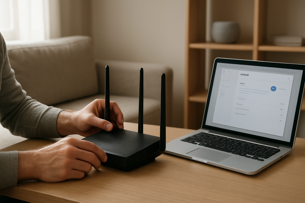 person adjusting home router near smart speaker and laptop