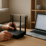 person adjusting home router near smart speaker and laptop