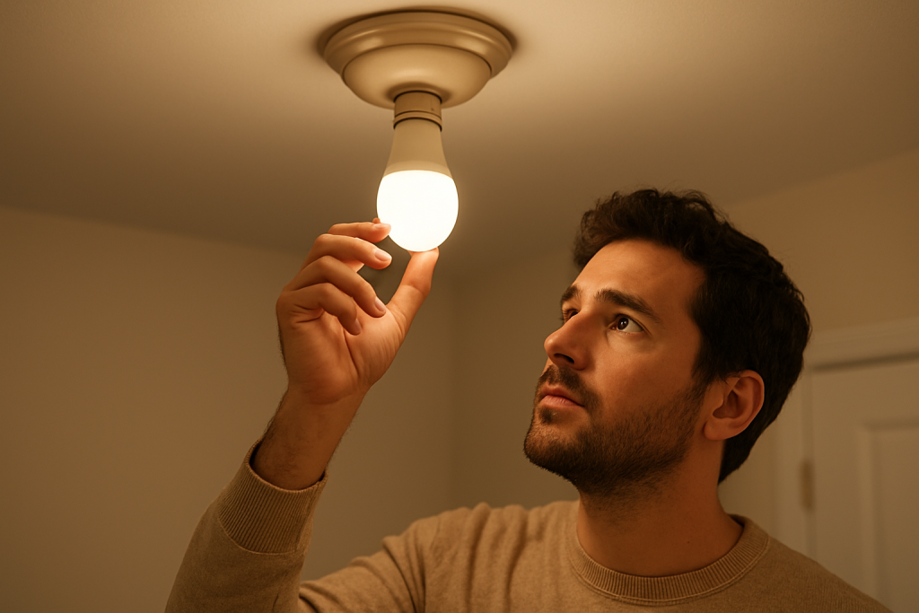 close up of an illuminated smart bulb emitting faint sound in fixture