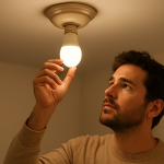 close up of an illuminated smart bulb emitting faint sound in fixture
