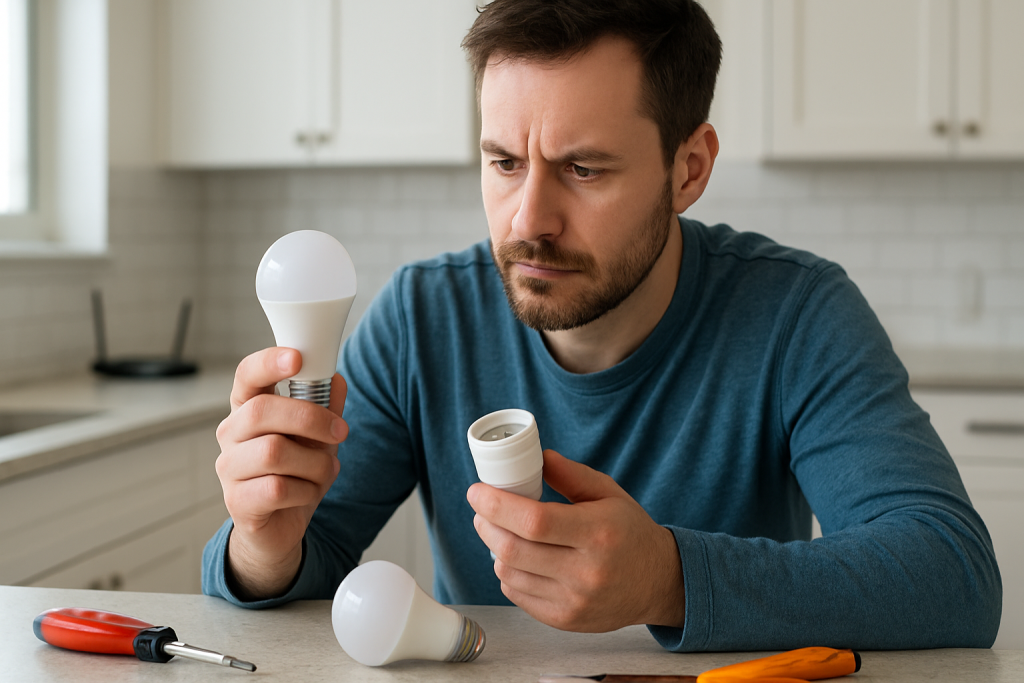 smart home bulbs and sockets on a kitchen counter being inspected