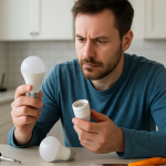 smart home bulbs and sockets on a kitchen counter being inspected