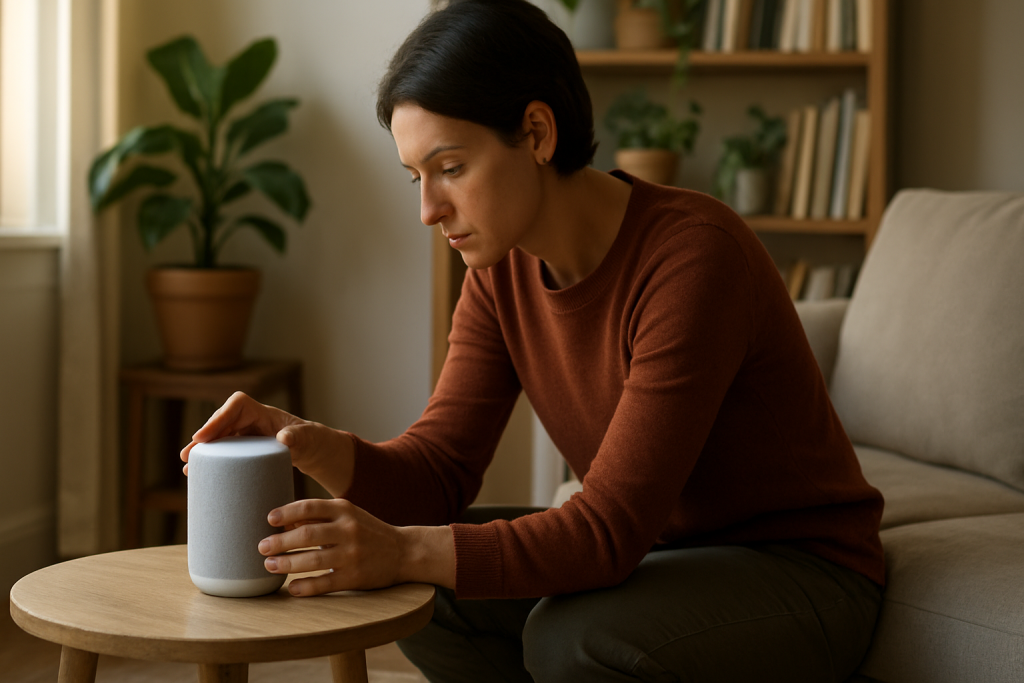 person checking a small smart speaker device near a living room couch