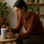 person checking a small smart speaker device near a living room couch