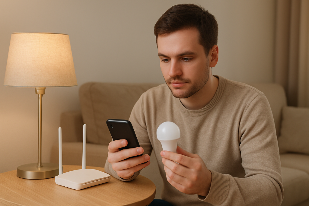 Person troubleshooting smart bulb setup near a Wi Fi router and lamp