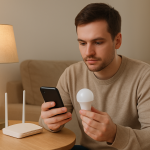 Person troubleshooting smart bulb setup near a Wi Fi router and lamp