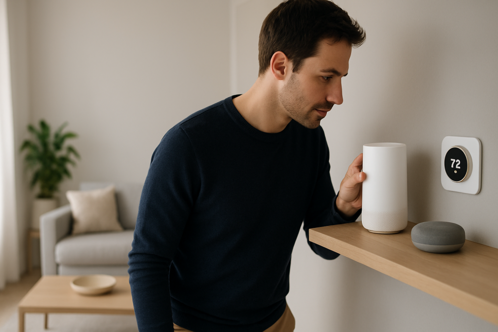 technician checking home wifi router nodes with smart devices nearby