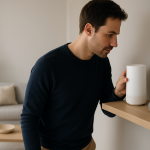 technician checking home wifi router nodes with smart devices nearby