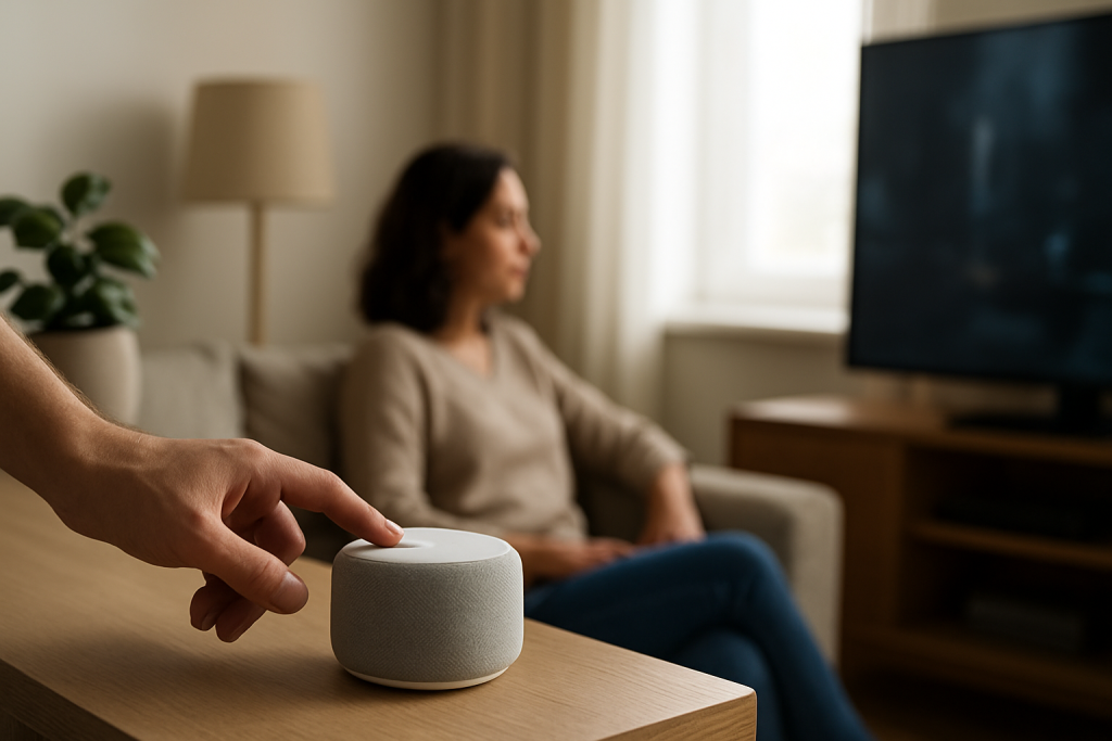 hands adjusting smart speaker volume on a living room shelf