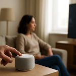 hands adjusting smart speaker volume on a living room shelf
