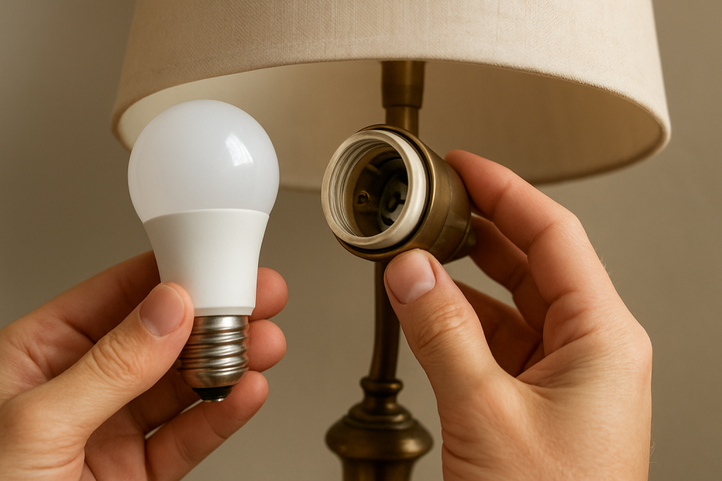 close up of a person inspecting a lamp socket with a smart bulb removed