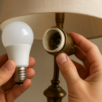 close up of a person inspecting a lamp socket with a smart bulb removed