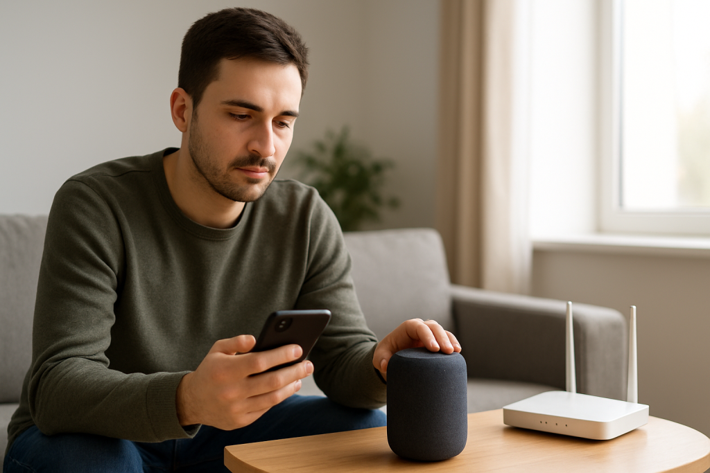 person troubleshooting smart speaker in living room near phone