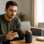 person troubleshooting smart speaker in living room near phone