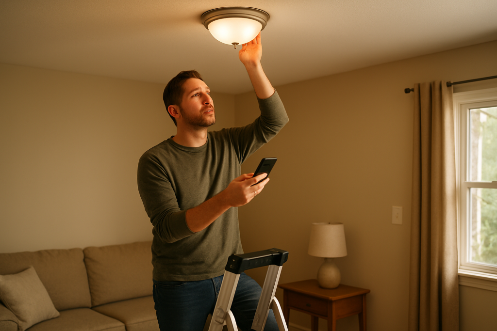 person inspecting ceiling light fixture with smartphone and ladder