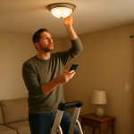 person inspecting ceiling light fixture with smartphone and ladder