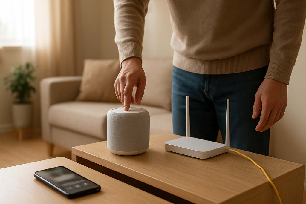 person checking smart speaker and router in living room setup