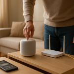 person checking smart speaker and router in living room setup