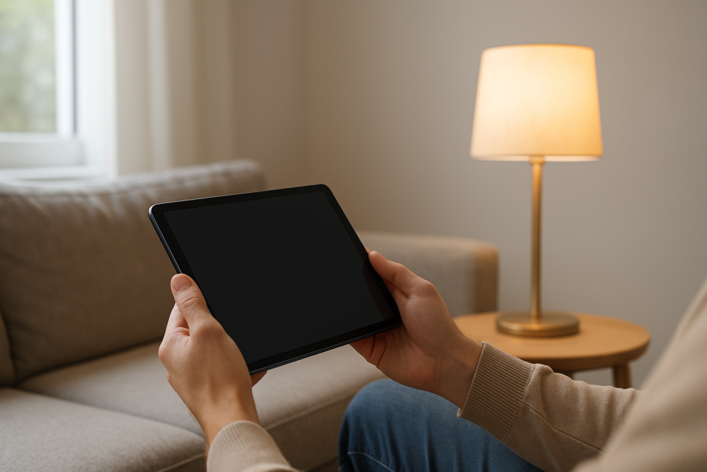 person using tablet near a smart bulb in a living room setting