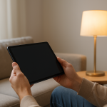 person using tablet near a smart bulb in a living room setting
