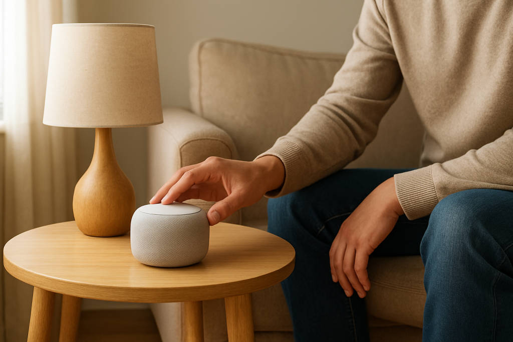Person adjusting a smart speaker in a living room near a couch and lamp